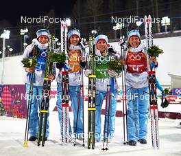 21.02.2014, Sochi, Russia (RUS): Tora Berger (NOR), Ann Kristin Aafedt Flatland (NOR), Tiril Eckhoff (NOR), Fanny Welle-Strand Horn (NOR), (l-r) - XXII. Olympic Winter Games Sochi 2014, biathlon, relay women, Sochi (RUS). www.nordicfocus.com. © NordicFocus. Every downloaded picture is fee-liable.