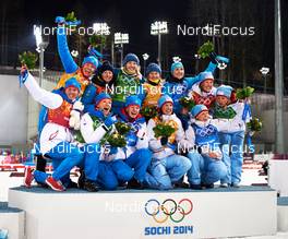 21.02.2014, Sochi, Russia (RUS): complete podium - XXII. Olympic Winter Games Sochi 2014, biathlon, relay women, Sochi (RUS). www.nordicfocus.com. © NordicFocus. Every downloaded picture is fee-liable.