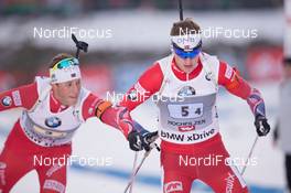 13.12.2014, Hochfilzen, Austria (AUT): Lars Helge Birkeland (NOR), Tarjei Boe (NOR) - IBU world cup biathlon, relay men, Hochfilzen (AUT). www.nordicfocus.com. © Manzoni/NordicFocus. Every downloaded picture is fee-liable.