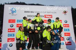 13.12.2014, Hochfilzen, Austria (AUT): The french team says good bye to Alexis Boeuf (FRA), who stopped his career in Hochfilzen - IBU world cup biathlon, relay men, Hochfilzen (AUT). www.nordicfocus.com. © Manzoni/NordicFocus. Every downloaded picture is fee-liable.
