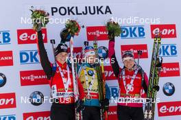 21.12.2014, Pokljuka, Slovenia (SLO): Anais Bescond (FRA), Kaisa Maekaeraeinen (FIN), Nadezhda Skardino (BLR) - IBU world cup biathlon, mass women, Pokljuka (SLO). www.nordicfocus.com. © Manzoni/NordicFocus. Every downloaded picture is fee-liable.
