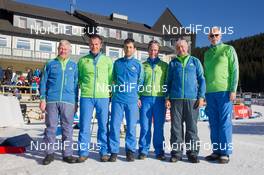 20.12.2014, Pokljuka, Slovenia (SLO): Max Cobb (USA) secretary general USBA, IBU IR shooting range, Borut Nunar (SLO) IBU race director, Gerhard Koehler (GER), IBU IR Material Control, Jean Guey Levesque (CAN), Vladimir Pilberg (RUS), Radovan Simocko (SVK) - IBU world cup biathlon, pursuit men, Pokljuka (SLO). www.nordicfocus.com. © Manzoni/NordicFocus. Every downloaded picture is fee-liable.