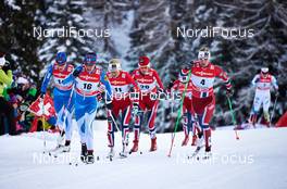01.01.2014, Lenzerheide, Switzerland (SUI): Aino-Kaisa Saarinen (FIN), Kerttu Niskanen (FIN), Therese Johaug (NOR), Heidi Weng (NOR), Ingvild Flugstad Oestberg (NOR), Astrid Uhrenholdt Jacobsen (NOR), Hanna Erikson (SWE), (l-r) - FIS world cup cross-country, tour de ski, mass women, Lenzerheide (SUI). www.nordicfocus.com. © Felgenhauer/NordicFocus. Every downloaded picture is fee-liable.