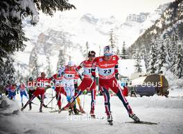 03.01.2014, Cortina-Toblach, Italy (ITA): Tord Asle Gjerdalen (NOR), Didrik Toenseth (NOR), Daniel Richardsson (SWE), Finn Haagen Krogh (NOR), Sjur Roethe (NOR), (l-r) - FIS world cup cross-country, tour de ski, pursuit men, Cortina-Toblach (ITA). www.nordicfocus.com. © Felgenhauer/NordicFocus. Every downloaded picture is fee-liable.