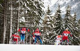03.01.2014, Cortina-Toblach, Italy (ITA): Petter Northug (NOR), Ilia Chernousov (RUS), Alexander Legkov (RUS), Alex Harvey (CAN), Chris Jespersen (NOR), (l-r) - FIS world cup cross-country, tour de ski, pursuit men, Cortina-Toblach (ITA). www.nordicfocus.com. © Felgenhauer/NordicFocus. Every downloaded picture is fee-liable.