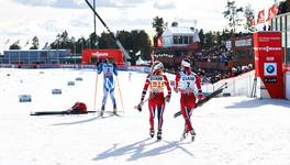 16.03.2014, Falun, Sweden (SWE): Kerttu Niskanen (FIN), Therese Johaug (NOR), Marit Bjoergen (NOR), (l-r) - FIS world cup cross-country, 10km women handicap start, Falun (SWE). www.nordicfocus.com. © Felgenhauer/NordicFocus. Every downloaded picture is fee-liable.