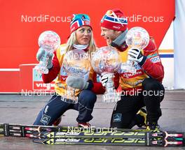 16.03.2014, Falun, Sweden (SWE): Therese Johaug (NOR), Martin Johnsrud Sundby (NOR), (l-r) - FIS world cup cross-country, 15km men handicap start, Falun (SWE). www.nordicfocus.com. © Felgenhauer/NordicFocus. Every downloaded picture is fee-liable.