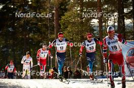 15.03.2014, Falun, Sweden (SWE): Devon Kershaw (CAN), Paal Golberg (NOR), Stanislav Volzhentsev (RUS), Evgeniy Belov (RUS), Eldar Roenning (NOR), (l-r) - FIS world cup cross-country, skiathlon men, Falun (SWE). www.nordicfocus.com. © Felgenhauer/NordicFocus. Every downloaded picture is fee-liable.