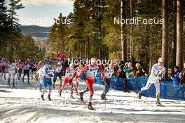 15.03.2014, Falun, Sweden (SWE): Iivo Niskanen (FIN), Eldar Roenning (NOR), Paal Golberg (NOR), Sergey Ustiugov (RUS), Calle Halfvarsson (SWE), (l-r) - FIS world cup cross-country, skiathlon men, Falun (SWE). www.nordicfocus.com. © Felgenhauer/NordicFocus. Every downloaded picture is fee-liable.