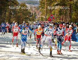 15.03.2014, Falun, Sweden (SWE): Eirik Brandsdal (NOR), Lari Lehtonen (FIN), Martin Johnsrud Sundby (NOR), Teodor Peterson (SWE), Evgeniy Belov (RUS), Didrik Toenseth (NOR), (l-r) - FIS world cup cross-country, skiathlon men, Falun (SWE). www.nordicfocus.com. © Felgenhauer/NordicFocus. Every downloaded picture is fee-liable.
