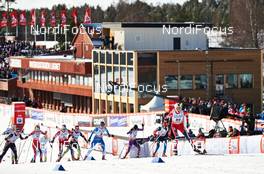 15.03.2014, Falun, Sweden (SWE): Sadie Bjornsen (USA), Martine Ek Hagen (NOR), Ingvild Flugstad Oestberg (NOR), Eva Vrabcova-Nyvltova (CZE), Aino-Kaisa Saarinen (FIN), Masako Ishida (JPN), Kristin Stoermer Steira (NOR), (l-r) - FIS world cup cross-country, skiathlon women, Falun (SWE). www.nordicfocus.com. © Felgenhauer/NordicFocus. Every downloaded picture is fee-liable.