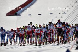 15.03.2014, Falun, Sweden (SWE): Krista Lahteenmaki (FIN), Ingvild Flugstad Oestberg (NOR), Stina Nilsson (SWE), Marit Bjoergen (NOR), Denise Herrmann (GER), (l-r) - FIS world cup cross-country, skiathlon women, Falun (SWE). www.nordicfocus.com. © Felgenhauer/NordicFocus. Every downloaded picture is fee-liable.