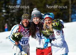13.02.2014, Sochi, Russia (RUS): Charlotte Kalla (SWE), Justyna Kowalczyk (POL), Therese Johaug (NOR), (l-r) - XXII. Olympic Winter Games Sochi 2014, cross-country, 10km women, Sochi (RUS). www.nordicfocus.com. © NordicFocus. Every downloaded picture is fee-liable.