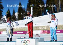 13.02.2014, Sochi, Russia (RUS): Charlotte Kalla (SWE), Justyna Kowalczyk (POL), Therese Johaug (NOR), (l-r) - XXII. Olympic Winter Games Sochi 2014, cross-country, 10km women, Sochi (RUS). www.nordicfocus.com. © NordicFocus. Every downloaded picture is fee-liable.