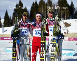 14.02.2014, Sochi, Russia (RUS): Johan Olsson (SWE), Dario Cologna (SUI), Daniel Richardsson (SWE), (l-r) - XXII. Olympic Winter Games Sochi 2014, cross-country, 15km men, Sochi (RUS). www.nordicfocus.com. © NordicFocus. Every downloaded picture is fee-liable.