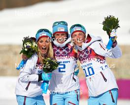 22.02.2014, Sochi, Russia (RUS): Therese Johaug (NOR), Marit Bjoergen (NOR), Kristin Stoermer Steira (NOR), (l-r) - XXII. Olympic Winter Games Sochi 2014, cross-country, 30km women, Sochi (RUS). www.nordicfocus.com. © NordicFocus. Every downloaded picture is fee-liable.