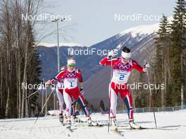 22.02.2014, Sochi, Russia (RUS): Marit Bjoergen (NOR), Therese Johaug (NOR) - XXII. Olympic Winter Games Sochi 2014, cross-country, 30km women, Sochi (RUS). www.nordicfocus.com. © NordicFocus. Every downloaded picture is fee-liable.