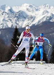 22.02.2014, Sochi, Russia (RUS): Anouk Faivre Picon (FRA), Madshus, Swix, Salomon, One Way followed by Elisa Brocard (ITA), Fischer, One Way, Rottefella - XXII. Olympic Winter Games Sochi 2014, cross-country, 30km women, Sochi (RUS). www.nordicfocus.com. © NordicFocus. Every downloaded picture is fee-liable.