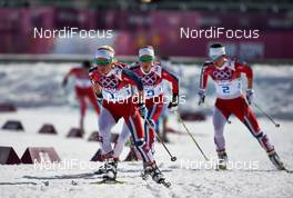 22.02.2014, Sochi, Russia (RUS): Therese Johaug (NOR), Kristin Stoermer Steira (NOR), Marit Bjoergen (NOR), (l-r) - XXII. Olympic Winter Games Sochi 2014, cross-country, 30km women, Sochi (RUS). www.nordicfocus.com. © NordicFocus. Every downloaded picture is fee-liable.