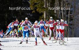 22.02.2014, Sochi, Russia (RUS): Krista Lahteenmaki (FIN), Sara Lindborg (SWE), Heidi Weng (NOR), Marit Bjoergen (NOR), Therese Johaug (NOR), (l-r) - XXII. Olympic Winter Games Sochi 2014, cross-country, 30km women, Sochi (RUS). www.nordicfocus.com. © NordicFocus. Every downloaded picture is fee-liable.