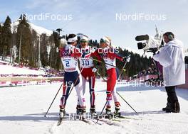 22.02.2014, Sochi, Russia (RUS): Marit Bjoergen (NOR), Kristin Stoermer Steira (NOR), Therese Johaug (NOR), (l-r) - XXII. Olympic Winter Games Sochi 2014, cross-country, 30km women, Sochi (RUS). www.nordicfocus.com. © NordicFocus. Every downloaded picture is fee-liable.
