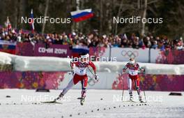 22.02.2014, Sochi, Russia (RUS): Marit Bjoergen (NOR), Therese Johaug (NOR), (l-r) - XXII. Olympic Winter Games Sochi 2014, cross-country, 30km women, Sochi (RUS). www.nordicfocus.com. © NordicFocus. Every downloaded picture is fee-liable.