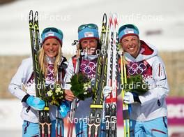 22.02.2014, Sochi, Russia (RUS): Therese Johaug (NOR), Marit Bjoergen (NOR), Kristin Stoermer Steira (NOR), (l-r) - XXII. Olympic Winter Games Sochi 2014, cross-country, 30km women, Sochi (RUS). www.nordicfocus.com. © NordicFocus. Every downloaded picture is fee-liable.