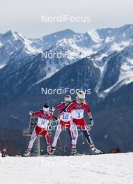 22.02.2014, Sochi, Russia (RUS): Therese Johaug (NOR), Fischer, Swix, Rottefella followed by Kristin Steira (NOR), Madshus, One Way, Salomon, Swix and Marit Bjoergen (NOR), Fischer, Swix, Rottefella - XXII. Olympic Winter Games Sochi 2014, cross-country, 30km women, Sochi (RUS). www.nordicfocus.com. © NordicFocus. Every downloaded picture is fee-liable.
