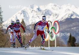 22.02.2014, Sochi, Russia (RUS): Marit Bjoergen (NOR), Fischer, Swix, Rottefella followed by Kristin Steira (NOR), Madshus, One Way, Salomon, Swix and Therese Johaug (NOR), Fischer, Swix, Rottefella - XXII. Olympic Winter Games Sochi 2014, cross-country, 30km women, Sochi (RUS). www.nordicfocus.com. © NordicFocus. Every downloaded picture is fee-liable.