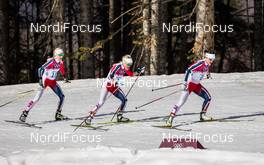 22.02.2014, Sochi, Russia (RUS): Marit Bjoergen (NOR), Fischer, Swix, Rottefella followed by Therese Johaug (NOR), Fischer, Swix, Rottefella and Kristin Steira (NOR), Madshus, One Way, Salomon, Swix - XXII. Olympic Winter Games Sochi 2014, cross-country, 30km women, Sochi (RUS). www.nordicfocus.com. © NordicFocus. Every downloaded picture is fee-liable.