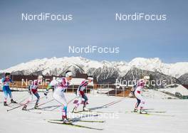 22.02.2014, Sochi, Russia (RUS): Therese Johaug (NOR), Marit Bjoergen (NOR), Charlotte Kalla (SWE), Kristin Stoermer Steira (NOR), Heidi Weng (NOR), Krista Lahteenmaki (FIN) - XXII. Olympic Winter Games Sochi 2014, cross-country, 30km women, Sochi (RUS). www.nordicfocus.com. © NordicFocus. Every downloaded picture is fee-liable.