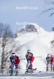 22.02.2014, Sochi, Russia (RUS): Marit Bjoergen (NOR), Kristin Stoermer Steira (NOR), Therese Johaug (NOR) - XXII. Olympic Winter Games Sochi 2014, cross-country, 30km women, Sochi (RUS). www.nordicfocus.com. © NordicFocus. Every downloaded picture is fee-liable.