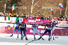 11.02.2014, Sochi, Russia (RUS): Martti Jylhae (FIN), Sergey Ustiugov (RUS), Cyril Miranda (FRA), Alexey Petukhov (RUS), Alex Harvey (CAN), (l-r) - XXII. Olympic Winter Games Sochi 2014, cross-country, individual sprint, Sochi (RUS). www.nordicfocus.com. © NordicFocus. Every downloaded picture is fee-liable.