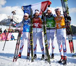 16.02.2014, Sochi, Russia (RUS): Ivan Perrillat Boiteux (FRA), Jean Marc Gaillard (FRA), Maurice Manificat (FRA), Robin Duvillard (FRA), (l-r) - XXII. Olympic Winter Games Sochi 2014, cross-country, 4x10km men, Sochi (RUS). www.nordicfocus.com. © NordicFocus. Every downloaded picture is fee-liable.