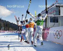 16.02.2014, Sochi, Russia (RUS): Marcus Hellner (SWE), Lars Nelson (SWE), Johan Olsson (SWE), Daniel Richardsson (SWE), (l-r) - XXII. Olympic Winter Games Sochi 2014, cross-country, 4x10km men, Sochi (RUS). www.nordicfocus.com. © NordicFocus. Every downloaded picture is fee-liable.