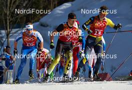 16.02.2014, Sochi, Russia (RUS): Karel Tammjarv (EST), Jens Filbrich (GER), Denis Volotka (KAZ), (l-r) - XXII. Olympic Winter Games Sochi 2014, cross-country, 4x10km men, Sochi (RUS). www.nordicfocus.com. © NordicFocus. Every downloaded picture is fee-liable.