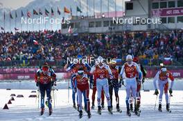 16.02.2014, Sochi, Russia (RUS): Dmitriy Japarov (RUS), Eldar Roenning (NOR), Jean Marc Gaillard (FRA), Lars Nelson (SWE), Len Valjas (CAN), (l-r) - XXII. Olympic Winter Games Sochi 2014, cross-country, 4x10km men, Sochi (RUS). www.nordicfocus.com. © NordicFocus. Every downloaded picture is fee-liable.