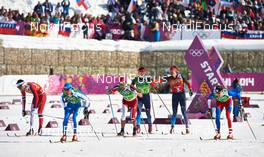 16.02.2014, Sochi, Russia (RUS): Eldar Roenning (NOR), Giorgio Di Centa (ITA), Chris Andre Jespersen (NOR), Alexander Bessmertnykh (RUS), Lukas Bauer (CZE), (l-r) - XXII. Olympic Winter Games Sochi 2014, cross-country, 4x10km men, Sochi (RUS). www.nordicfocus.com. © NordicFocus. Every downloaded picture is fee-liable.