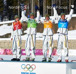 16.02.2014, Sochi, Russia (RUS): Lars Nelson (SWE), Daniel Richardsson (SWE), Johan Olsson (SWE), Marcus Hellner (SWE), (l-r) - XXII. Olympic Winter Games Sochi 2014, cross-country, 4x10km men, Sochi (RUS). www.nordicfocus.com. © NordicFocus. Every downloaded picture is fee-liable.
