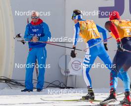 16.02.2014, Sochi, Russia (RUS): Reto Burgermeister (SUI), coach cross-country team Russia, Roland Clara (ITA), Alexander Legkov (RUS) - XXII. Olympic Winter Games Sochi 2014, cross-country, 4x10km men, Sochi (RUS). www.nordicfocus.com. © NordicFocus. Every downloaded picture is fee-liable.