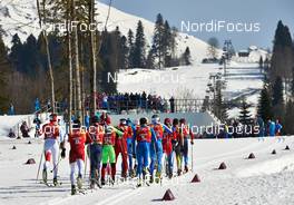 16.02.2014, Sochi, Russia (RUS): athletes in the first uphill  - XXII. Olympic Winter Games Sochi 2014, cross-country, 4x10km men, Sochi (RUS). www.nordicfocus.com. © NordicFocus. Every downloaded picture is fee-liable.