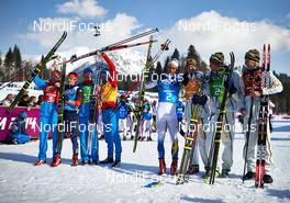 16.02.2014, Sochi, Russia (RUS): Dmitriy Japarov (RUS), Maxim Vylegzhanin (RUS), Alexander Bessmertnykh (RUS), Alexander Legkov (RUS), Marcus Hellner (SWE), Johan Olsson (SWE), Daniel Richardsson (SWE), Lars Nelson (SWE), (l-r) - XXII. Olympic Winter Games Sochi 2014, cross-country, 4x10km men, Sochi (RUS). www.nordicfocus.com. © NordicFocus. Every downloaded picture is fee-liable.