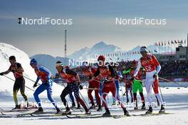 16.02.2014, Sochi, Russia (RUS): Jens Filbrich (GER), Dietmar Noeckler (ITA), Andrew Newell (USA), Maciej Kreczmer (POL), Len Valjas (CAN), (l-r) - XXII. Olympic Winter Games Sochi 2014, cross-country, 4x10km men, Sochi (RUS). www.nordicfocus.com. © NordicFocus. Every downloaded picture is fee-liable.