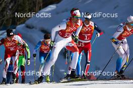 16.02.2014, Sochi, Russia (RUS): Hiroyuki Miyazawa (JPN), Len Valjas (CAN), Eldar Roenning (NOR), (l-r) - XXII. Olympic Winter Games Sochi 2014, cross-country, 4x10km men, Sochi (RUS). www.nordicfocus.com. © NordicFocus. Every downloaded picture is fee-liable.