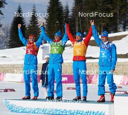 16.02.2014, Sochi, Russia (RUS): Dmitriy Japarov (RUS), Alexander Bessmertnykh (RUS), Alexander Legkov (RUS), Maxim Vylegzhanin (RUS), (l-r) - XXII. Olympic Winter Games Sochi 2014, cross-country, 4x10km men, Sochi (RUS). www.nordicfocus.com. © NordicFocus. Every downloaded picture is fee-liable.