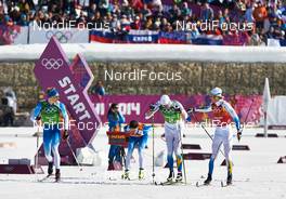 16.02.2014, Sochi, Russia (RUS): Iivo Niskanen (FIN), Sami Jauhojaervi (FIN), Daniel Richardsson (SWE), Lars Nelson (SWE), (l-r) - XXII. Olympic Winter Games Sochi 2014, cross-country, 4x10km men, Sochi (RUS). www.nordicfocus.com. © NordicFocus. Every downloaded picture is fee-liable.