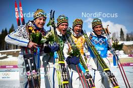 16.02.2014, Sochi, Russia (RUS): Lars Nelson (SWE), Daniel Richardsson (SWE), Johan Olsson (SWE), Marcus Hellner (SWE), (l-r) - XXII. Olympic Winter Games Sochi 2014, cross-country, 4x10km men, Sochi (RUS). www.nordicfocus.com. © NordicFocus. Every downloaded picture is fee-liable.