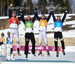 16.02.2014, Sochi, Russia (RUS): Jean Marc Gaillard (FRA), Maurice Manificat (FRA), Robin Duvillard (FRA), Ivan Perrillat Boiteux (FRA), (l-r) - XXII. Olympic Winter Games Sochi 2014, cross-country, 4x10km men, Sochi (RUS). www.nordicfocus.com. © NordicFocus. Every downloaded picture is fee-liable.