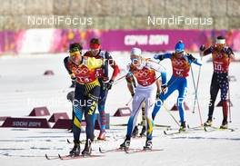 16.02.2014, Sochi, Russia (RUS): Denis Volotka (KAZ), Lars Nelson (SWE), Dietmar Noeckler (ITA), Andrew Newell (USA), (l-r) - XXII. Olympic Winter Games Sochi 2014, cross-country, 4x10km men, Sochi (RUS). www.nordicfocus.com. © NordicFocus. Every downloaded picture is fee-liable.