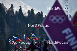 16.02.2014, Sochi, Russia (RUS): flags in the stadium - XXII. Olympic Winter Games Sochi 2014, cross-country, 4x10km men, Sochi (RUS). www.nordicfocus.com. © NordicFocus. Every downloaded picture is fee-liable.